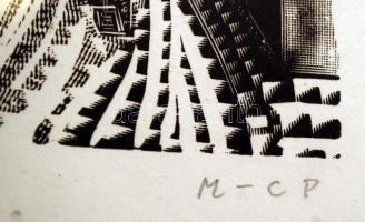 Molnár C. Pál (1894-1981): Kisvárosi éj. Fametszet, papír, jelzett, üvegezett keretben, 14×9 cm