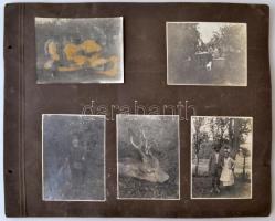 cca 1915-45 Öt darab, családi fotóalbumból való kartonlap, Vezér (Welsch) Károly hagyatékából. Rajta érdekes fotókkal, főképp vadászati témában, illetve Esztergom és környékének, erdőségeinek látképeivel, de akad benne I. világháborús kép is. Közte azonos helyen, azonos beállításban, de eltérő évszakban készült felvételek is.