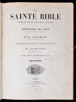 Lemaistre de Sacy - Le P. Lallement - M. P. Lallement: La Sainte Bible. Gravures Traduite Sur Le Latin De La Vulgate. Paris, 1857, L. Curmer. Korabeli félbőr kötés, 3 p. + 50 t. A könyv 50 metszetet tartalmaz a Bibliáról. A borítója kopottas. Ezt leszámítva jó állapotban van. / The book include 50 engravings about the Bible. The cover is a little bit damaged, but the other things are okay.