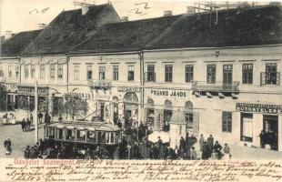 Szatmár, Deák tér, Frankó János, György Károly és mások üzletei, villamos. Kiadja Lövy M. könyvkereskdő / busy Deák Square with shops and tram