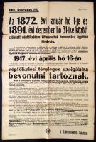 1917 Plakát a népfölkelésre kötelezettek bevonulása ügyében, hajtás mentén kis szakadásokkal, 94x61cm