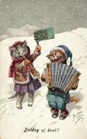 Boldog Új évet! / New Year, cats playing music, T.S.N. serie 1408., s: Arthur Thiele (worn edges)