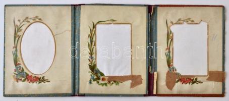 Dombornyomott lithoval díszített kinyithatós fényképtartó, belül szakadozott, javított, 14x11cm