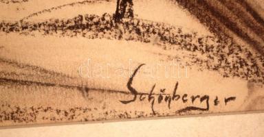 Schönberger jelzéssel: Épületek a tájban. Olaj, papír, üvegezett keretben, 49×40 cm