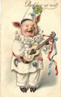 Boldog Újévet / New Year, pig clown, humour, WSSB 9695. litho