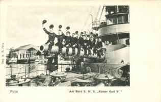 Az SMS Kaiser Karl VI páncéloscirkáló matrózai a fedélzeti ágyún; Alois Beer, Pola / K.u.K. Kriegsmarine, crusier ship crew