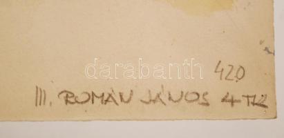 Román János (?-): Ház részlet. Akvarel-ceruza, papír, jelzett, sérült, 45×30 cm