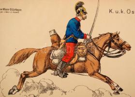 XIX. sz. vége: Cs. és kir. magyar dragonyosok. Színezett fametszet. / Austro-Hungarian cavalry wood-...
