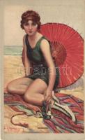 Swimming; Italian art deco postcard, beach life s: Chiostri