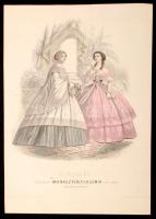 1859 Divatkép Monaszterly és Kuzmik váci utcai divatcsarnokából divat témájú színezett rézmetszet / Fashion colored etching 21x30 cm