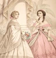 1859 Divatkép Monaszterly és Kuzmik váci utcai divatcsarnokából divat témájú színezett rézmetszet / ...