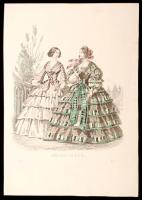 1855 Frey: Hölgyfutár divat témájú színezett rézmetszet / Fashion colored etching 21x28 cm