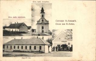 Bakonyszücs, Római katolikus népiskola és templom, jegyzői lak, Eigner Jakab üzlete, kiadja Beltz György (fl)