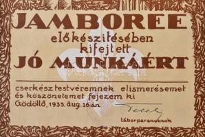 "A Jamboree elkészítésében kifejtett jó munkáért" feliratú, az 1933-as IV. Cserkész Világd...