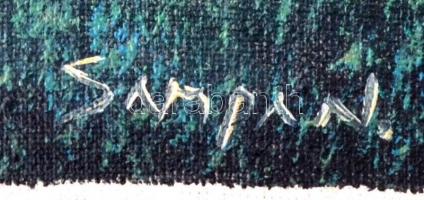 Sampan jelzéssel: Kunyhók, olaj, vászon, 23,5×28,5 cm