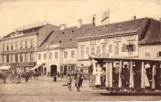 Eszék, Osijek, Esseg; utca, lóvasút, Michael Rajal & Sohn, Dragutin Brückler, Aron Heller, Vilim Pfeifer, Bozic Metzing üzletei, Alex Boskowitz sörözője / street, horse tramway, shops, beer house, photo (fa)