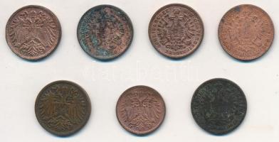 1859A 1kr Cu + 1885. 1kr Cu (2x) + 1914. 1h Br + 1912-1914. 2h Br (2x) T:2-3-, karc, ph., egyiken ha...