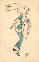 Lady in rabbit costume, fashion art postcard, artist signed (EK)