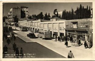 Jerusalem, Jaffaroad with The Pillars, shops with Hebrew texts, modern postcard (EK)