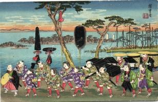 Asian folklore art postcard, silver decoration (fa)