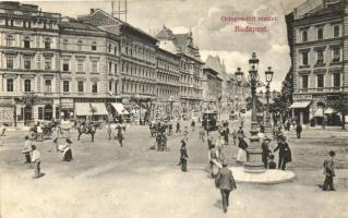Budapest VI. Oktogon tér, villamos, Ernyei Lajos, Komlódi Jakab üzletei, kiadja Divald Károly (EK)