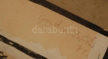 Gondos István (?-): Csomag. Vegyes technika, papír, jelzett, üvegezett keretben, 16×20 cm