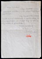 1983 Sívó Emil és családja kézzel írt részvétnyilvánító levele Vas Zoltán (1903-1983) kommunista politikus, író özvegyének, gyűrött, 29x21cm