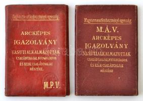 1927, 1935 Magyar Államvasutak által kiadott arcképes igazolvány vasúti alkalmazottak családtagjai részére, bőr tokban, okmánybélyegekkel