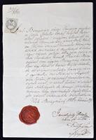 1876 Beregszász, a városi tanács munkaviszonyt igazoló bizonyságlevele városi lakos, városi tanácsos részére, rányomott viaszpecséttel, a városi főbíró és főjegyző aláírásával, okmánybélyeggel