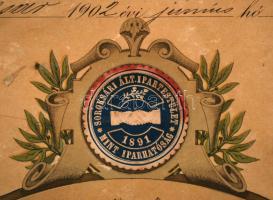 1902 a Soroksári Általános Ipartestület díszes ács tanlevele, okmánybélyeggel, a szélein sérülésekke...