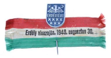 ~1930. "Erdélyért" irredenta festett alumínium kitűző (15x19mm) "Erdély visszajön 1940. augusztus 30." feliratú nemzetiszín szalagon T:2