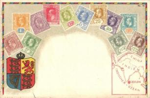 Ceylon Postage; set of stamps, coat of arms, Ottmar Ziehers Carte Philatelique No. 81. litho 1938 Finale stredoevropskeho poharu S. K. Slávia - Ferencváros So.Stpl (b)