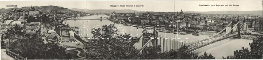 Budapest, 3 részes dunai látkép; hátoldalon Friedrich Detsinyi árlistája / panoramacard