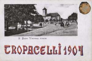 Bajna, Főtér, templom vasárnap délelőtt; Tropacelli 1904 felüldíszítéssel