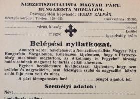 cca 1930 Belépési Nyilatkozat a Nemzetiszocialista Magyar Pártba - Hungarista mozgalom