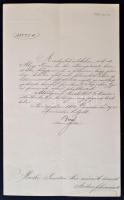 1884 Baross Gábor (1848-1892) magyar politikus, miniszter, államtitkár saját kezű aláírása hivatalos levélen a Közmunka- és Közlekedési M.K. Ministerium fejléces papírján, hajtás mentén kis szakadással,34x21cm