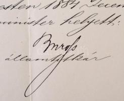 1884 Baross Gábor (1848-1892) magyar politikus, miniszter, államtitkár saját kezű aláírása hivatalos...