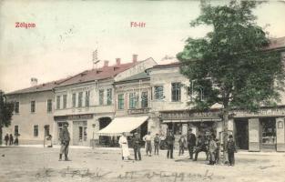 Zólyom, Zvolen; Fő tér, Jeranek Sándor, Elsasz Manó és Krompl György és fia üzlete, Hungária szálló / shops, main square, hotel (EK)