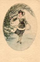 2 art postcards; ice skating lady s: J. Hardy, lady with flowers, artist signed
