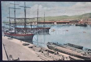 Fiume, Kikötő, hajók, kiadja Römmler & Jonas, panorámalap / port, ships, panoramacard (r)