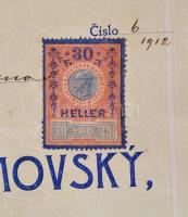 1912 Cseh nyelvű lakhelyigazolás Babice u Rosic-beli lakos részére, 30 helleres okmánybélyeggel