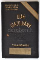 1932 a Pázmány Péter Tudományegyetem fényképes diákigazolványa bölcsészhallgató részére