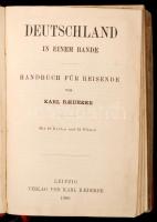 Baedeker, Karl: Deutschland in einem Bande. Handbuch für Reisende. Mit 19 Karten und 64 Plänen. Leipzig, 1906, Verlag von Karl Baedeker, 452 p. Kiadói egészvászon kötés, térképmellékletekkel, festett lapszélekkel. A borítója kopottas.