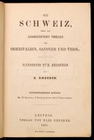 Baedeker, Karl: Die Schweiz nebst den angrenzenden Teilen von Oberitalien, Savoyen und Tirol. Handbuch für Reisende. 21. Auflage. Mit 35 Karten, 9 Stadtplanen und 9 Panoramen. Leipzig, 1885, Varlag von Karl Baedeker. Kiadói egészvászon kötés, festett lapszélekkel. A borítója kopottas, sérült. / full linen binding, worn and damaged condition.