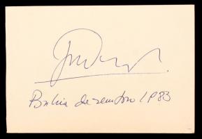 1983 Jorge Amado (1912 - 2001) brazil író saját kezű aláírása papírlapon, 10x15cm /1983 Original signature of Jorge Amado (1912-2001) Brazilian writer, 10x15cm