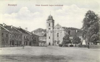 Rozsnyó, Roznava; Fő tér, Kossuth Lajos szobor, Fekete Sas szálloda / main square, statue, hotel (vágott / cut)