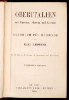 Karl Baedeker: Oberitalien mit Ravenna, Florenz und Livorno. Handbuch für Reisende. Leipzig, 1906, Verlag von Karl Baedeker, LXVI+602 p. Hetedik kiadás. Kiadói aranyozott egészvászon kötés, festett lapélekkel. Térképekkel illusztrálva. Német nyelven. A lapok némileg kijárnak a 396-402 p. között. / Cloth binding, in german language.