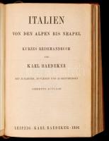 Karl Baedeker: Italien von den Alpen bis Neapel. Kurzes Reisehandbuch. Leipzig, 1926, Verlag von Karl Baedeker, XLII+462 p. Hetedik kiadás. Kiadói aranyozott egészvászon kötés, festett lapélekkel. Térképekkel illusztrálva. Német nyelven. A borítója kopott, sérült. A kötése sérült.  / Cloth binding, in german language. The cover and the binding are damaged.