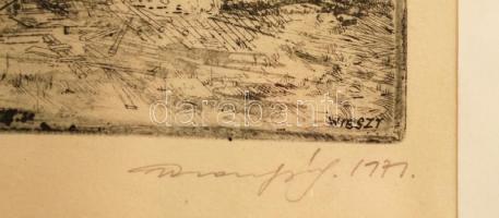 Wieszt József (1951-2007): Nóé bárkája. Rézakrc, papír, jelzett, üvegezett keretben, 14×19 cm