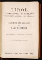 Karl Baedeker: Tirol, Voralberg, Etschland. Westliches Salzburg, und Karenten. Handbuch für Reisiende. Leipzig, 1926, Verlag von Karl Baedeker, L+540 p. 38. kiadás. Kiadói aranyozott egészvászon kötés, festett lapélekkel. Térképekkel illusztrálva. Német nyelven. A borítója foltos. / Cloth binding, in german language. The cover is spotty.